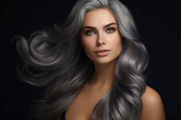Fototapeta premium Elegantly Graceful: An Adorable Lady Showcasing Her Long, Healthy, Wavy Grey Hairdo, Set Against a Dark Background.