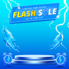 Flash Sale Shopping Poster or banner with Flash icon and 3D text on blue background. Template design for social media with blank product podium scene.
