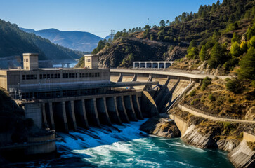 Hydroelectric plant nestled amidst rugged mountains harnessing powerful river waters 