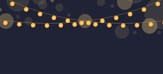 Guirlandes - Ampoules dorées - Guirlande de fête - Bannière festive et lumineuse pour la fête - Fêtes de fin d'année - Célébration - Décoration élégante - Lumière dorée sur fond noir - Arrière-plan  - obrazy, fototapety, plakaty