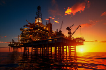 Offshore oil rig at sunset background with empty space for text 