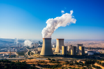 Nuclear power plant dominating the skyline in an urban setting 