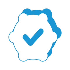 Flat line uncolored check mark icon over white background. verified blue check logo with cloud shield speech bubble with check mark icon. blue and white vector illustration.