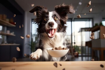 A happy border collie dog with scattered pellets of dry food. - obrazy, fototapety, plakaty