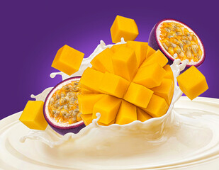 Mango and passion fruit mix falling into milk splash