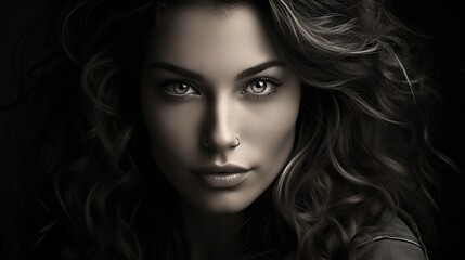 Fototapeta premium Portrait of a beautiful woman with long curly hair. Black and white photo.