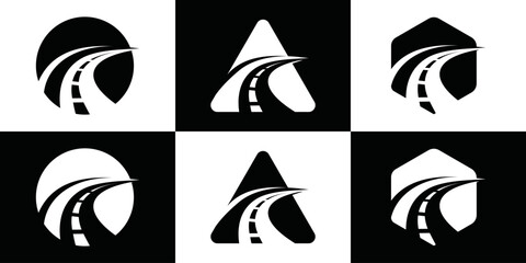 Circle Street Road River Creek symbol logo design, hexagon road, triangle road in black and white.