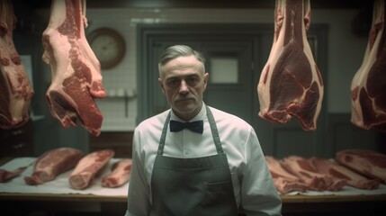 Portrait of a butcher in butchers shop.