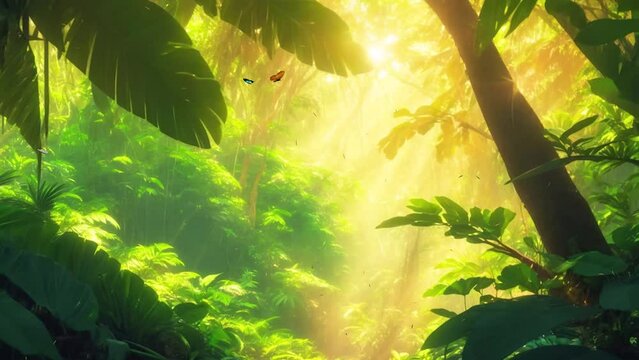 landscape tropical forest with sun rays