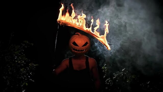 maniac with a pumpkin instead of a head and a burning scythe, scary monster, Halloween theme, Halloween monster, scary pumpkin, death with a scythe, slow motion, horror