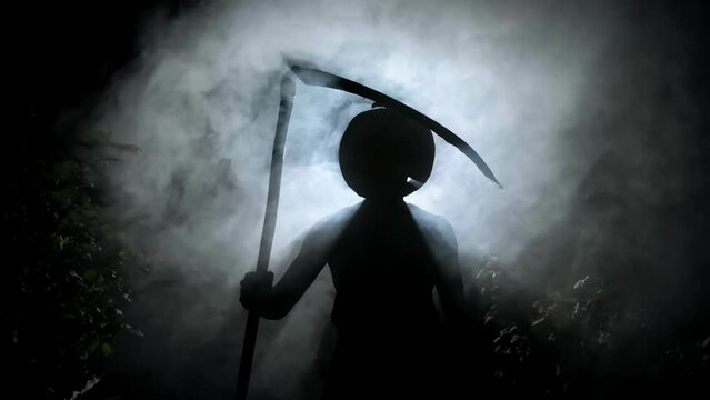 silhouette of a monster in the smoke, Grim Reaper, Halloween monster, man with a scary pumpkin on his head, Halloween theme, Slow motion, horror