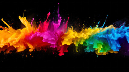 Abstract artistic colorful paint splashing of watercolor rainbow splash, spray-paint style, color field, acrylic drop, Neon fluorescent colorful on black background