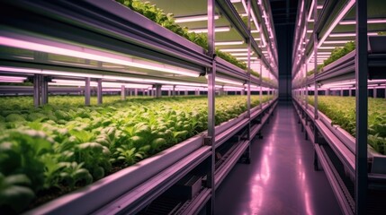 Greenhouse with a hydroponic system and pink LED grow lights.
