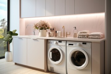 Laundry room with white cabinets and a washing machine.