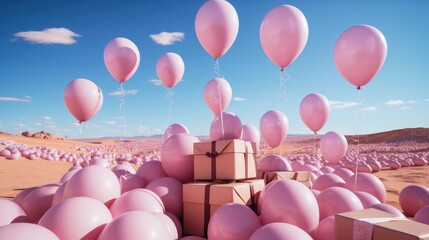 A lot of pink balloons with gifts box on the ground.