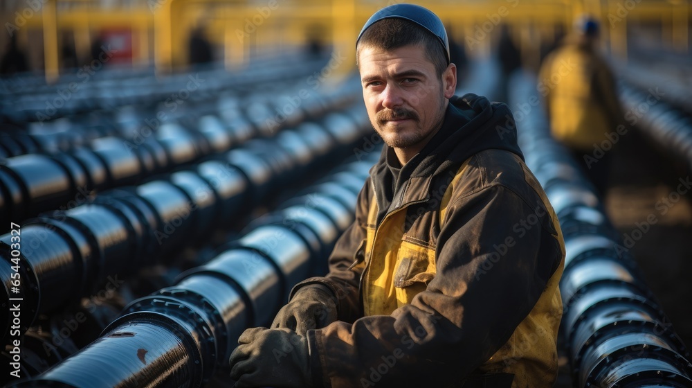 Aufkleber refinery workers with a gas pipeline.