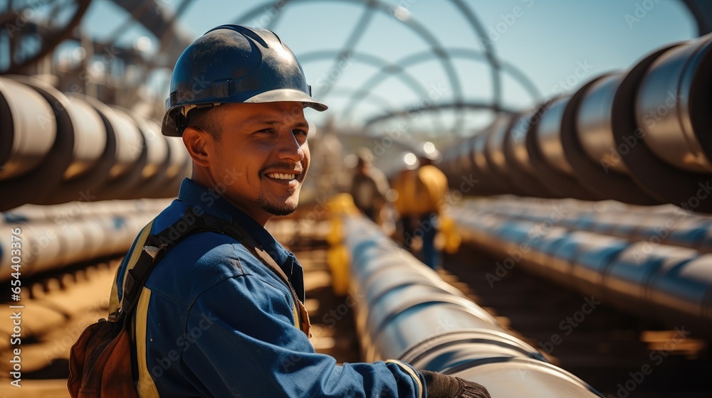 Poster technician checking the system a gas pipeline at industrial zone.