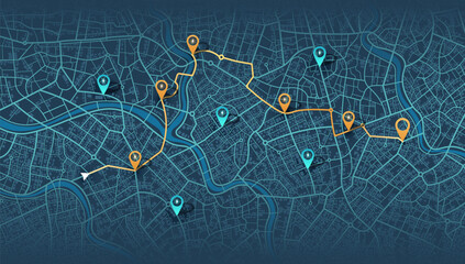 Location EV charging station location mark on gps navigation map a lot with fast supercharger station. Path turns and destination tag or mark. Huge city top view Tracking path, route. vector isometric - obrazy, fototapety, plakaty