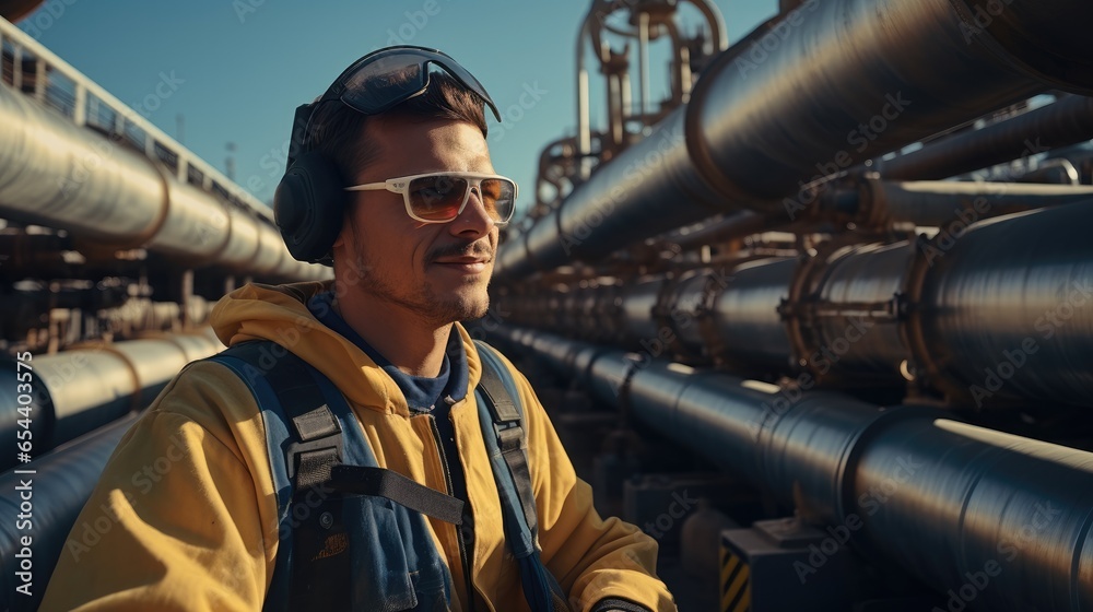 Poster refinery workers with a gas pipeline.