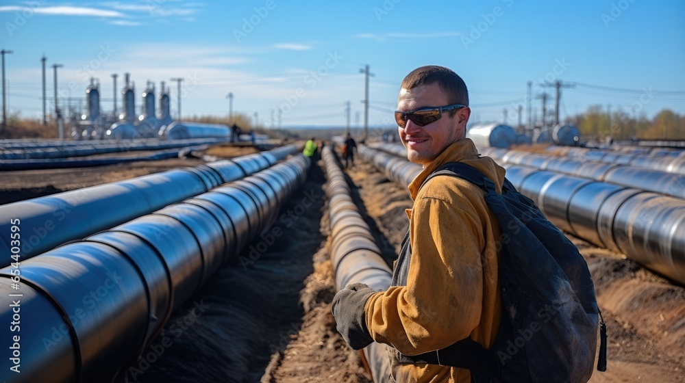 Poster Refinery workers with a gas pipeline.