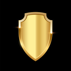 Gold shield vector illustration. Realistic isolated golden armory trophy with metal coat, 3d luxury safety protection emblem, vintage blank shiny royal award