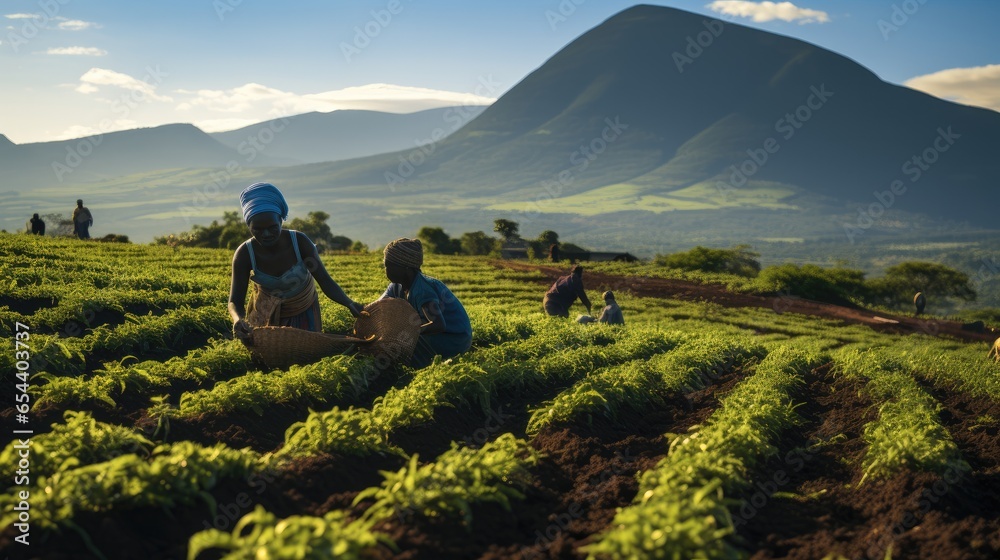 Poster african farmers working on the fields with mountains in the background.