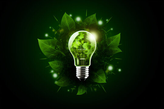 Glowing light bulb on green leaves background. Ecology concept, renewable alternative energy digital icon