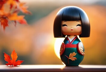 Kokeshi doll with autumn leaves - 654404133