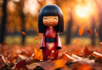 Kokeshi doll with autumn leaves - 654404137