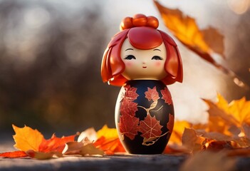 Kokeshi doll with autumn leaves - 654404142