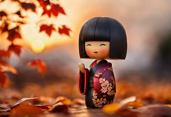 Kokeshi doll with autumn leaves - 654404146