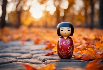 Kokeshi doll with autumn leaves - 654404147