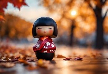 Kokeshi doll with autumn leaves - 654404148