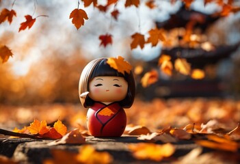 Kokeshi doll with autumn leaves - 654404149