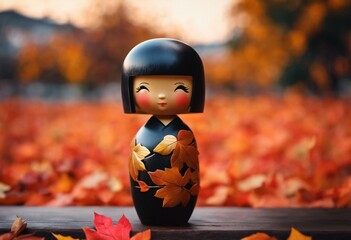 Kokeshi doll with autumn leaves - 654404160