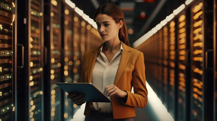 Female Technician working in server room or supercomputer electricity backup room.