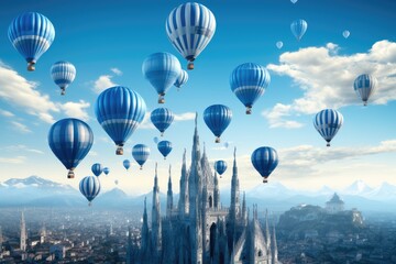 Obraz premium Many blue hot air balloons flying above city.
