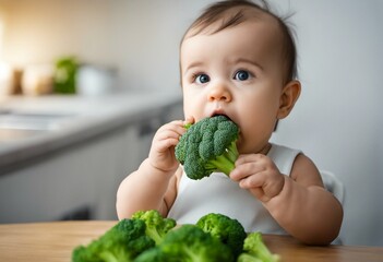 Nine month baby eating brocoli - 654404328