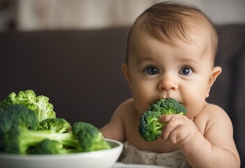 Nine month baby eating brocoli - 654404330