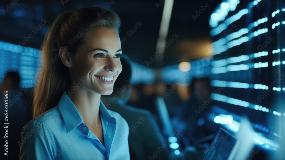 Aufkleber Female IT engineer working in data center, Digital world.