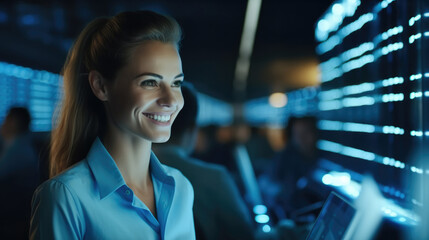 Female IT engineer working in data center, Digital world.