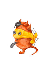 Cheerful character. A cartoon monster of bright orange color with wings, a tail and a blindfold and a teasing tongue. Isolated watercolor Halloween illustration