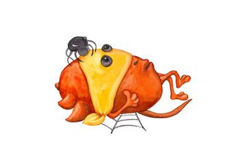 Halloween character. A bright orange cartoon monster with wings, a tail and a blindfold lies on his back. Isolated watercolor holiday illustration