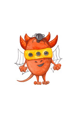 Carnival character. A cheerful three-eyed cartoon monster of bright orange color with two pairs of ears, wings and a tail. Isolated watercolor Halloween illustration