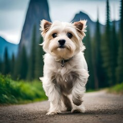 The cute dog on the road in colourful background Generated AI