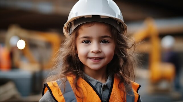 Little Girl Wearing A Construction Worker Uniform Against A Construction Site Background.