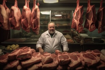Butcher working behind counter in butchery.