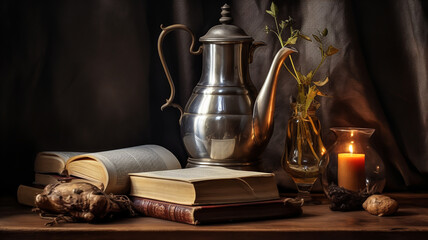 Still life with old book and old metal and glass jugs. AI generated