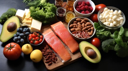 Healthy eating and diet concepts, Low-carbohydrate diet products, Top view.