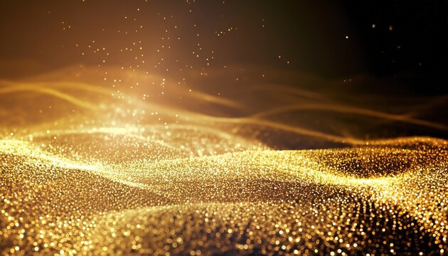 abstract light background, Digital Gold Particles Wave and light abstract background with shining floor particle stars dust. Futuristic glittering Luxury golden sparkling on black background